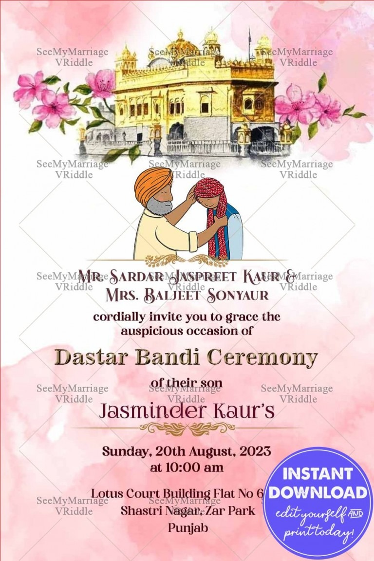 Gurudwara Theme Pink Dastar Bandi Invitation Card Golden Temple