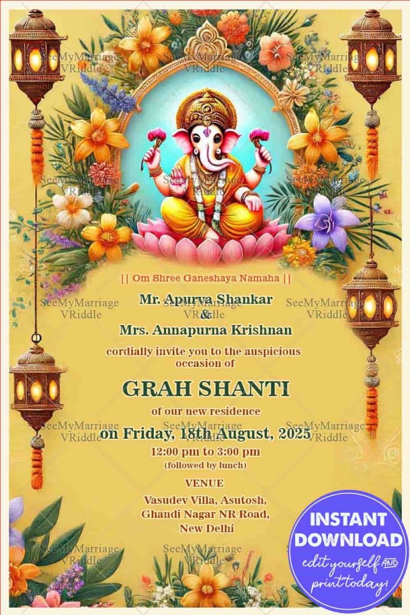 Divine Grah Shanti Ceremony Invitation With Golden Theme And Floral