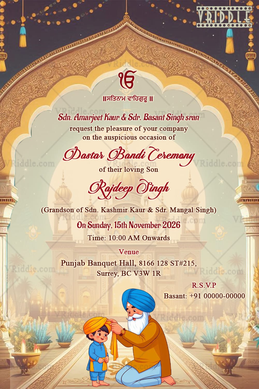 Cultural Dastar Bandi Ceremony Invitation With Golden Arch Theme