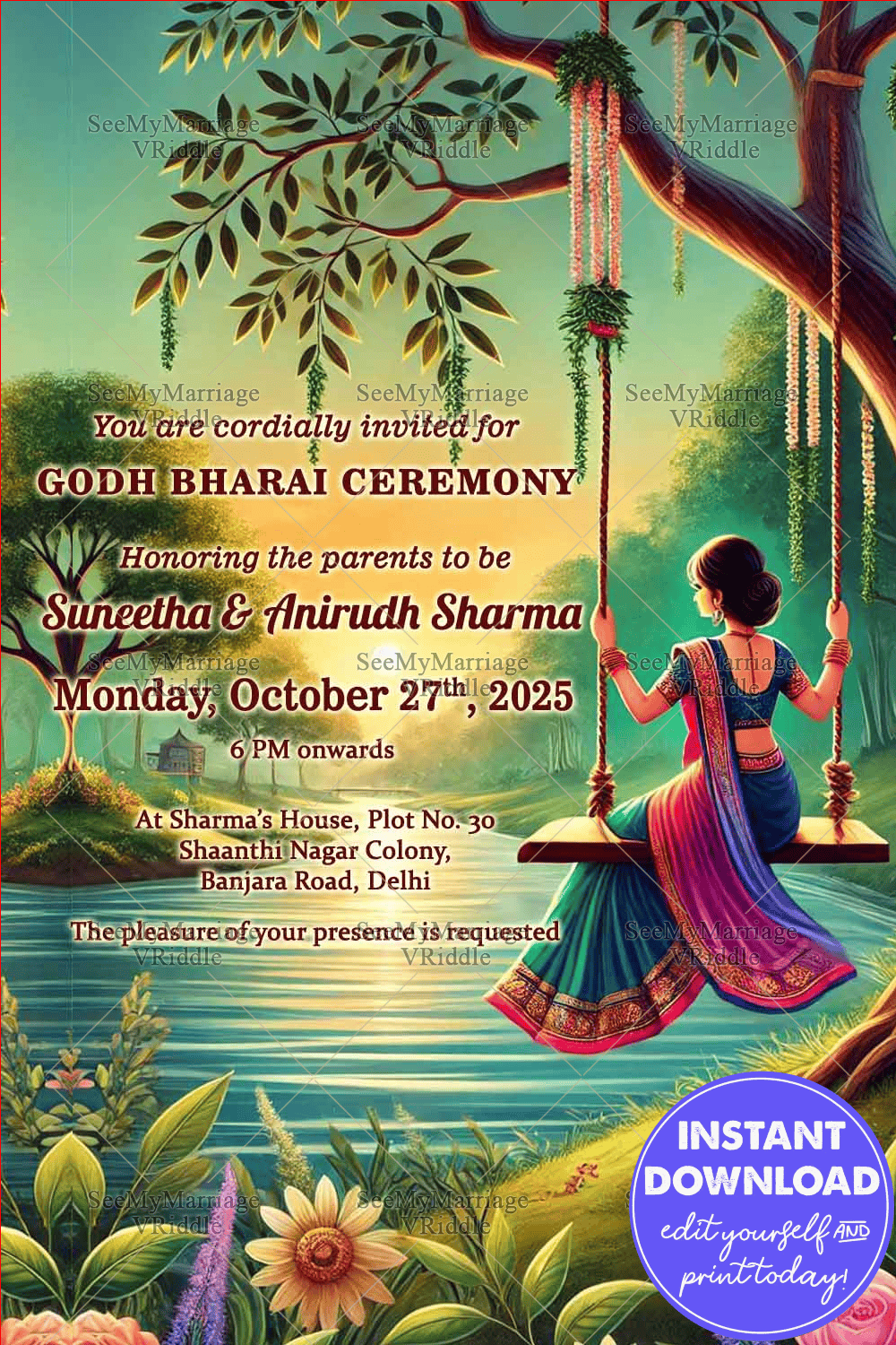 Serene Swing Theme Godh Bharai Ceremony Invitation With Tranquil Sunset