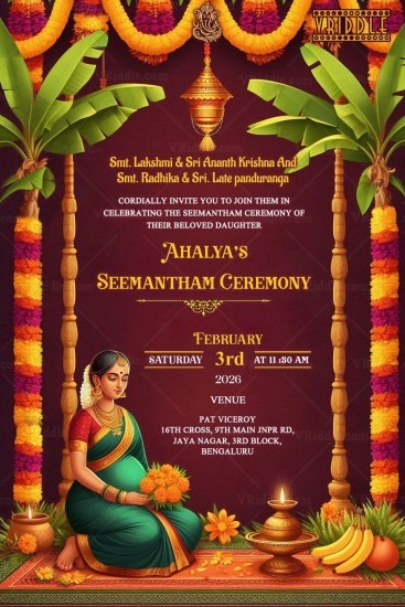 Marigold Garlands Theme Seemantham Ceremony Invitation Card With Lush