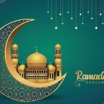 Crescent Islamic with mosque for Ramadan Kareem and eid mubarak. Golden Half Moon pattern,background