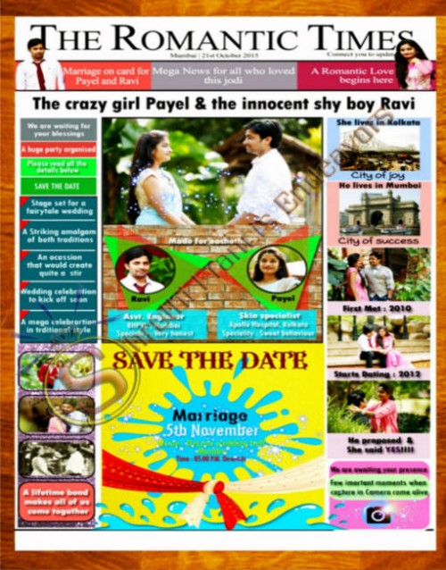 News Paper theme, Photo type Story based couple wedding save the date ecard