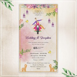 Pink watercolor theme, floral and leaves decorated, cartoon bike, wedding bells and lanterns wedding save the date