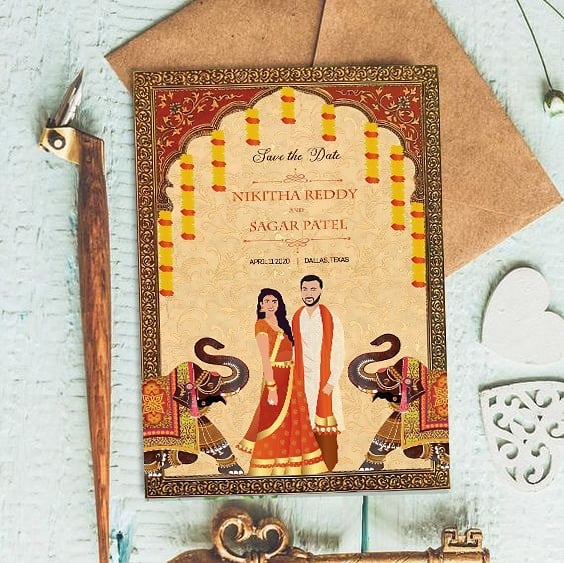South Indian, Elephants design, floral hanging hindu wedding invitation card