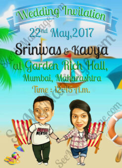 Beach Party - Destination Theme Caricature Wedding Save The Date E-card