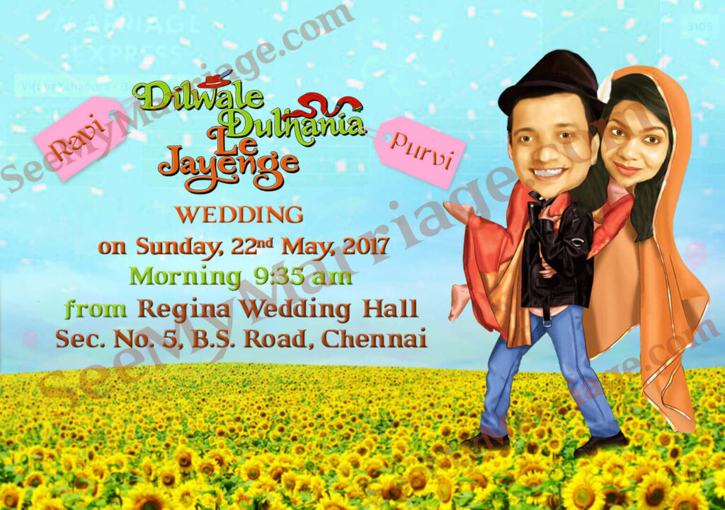 Dilwale Dulhania Le Jayenge Theme Caricature Wedding Save The Date E-card
