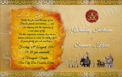 Letter theme, Old Look, Yellow theme, Baraat Cartoons, Elephants Wedding Invitation Card