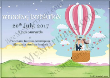 Sky, Flying Hot Air Balloon, Mountains, Couple in Air Cartoon Save the Date Invite, Honeymoon