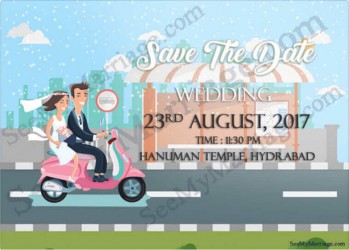 Destination, Scooty, Long Ride, Blue theme, Road, Travelling Save the Date, Cartoon Couple, Western Invites