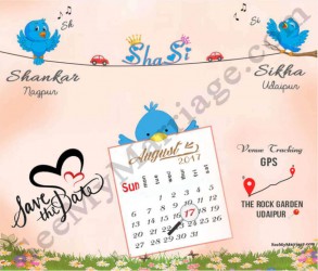 Blue parrots singing, Wedding calendar, Pink theme Musical save the date card