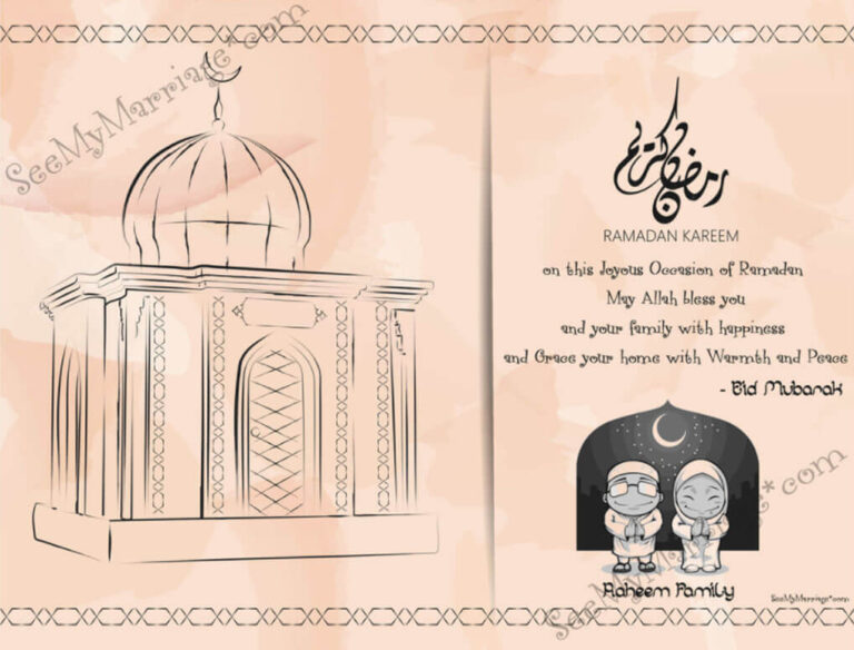Cute Cartoon Muslim Couple Decorated Ramadan, Ramzan, Eid Celebrations Family Greeting Card For Whatsapp, Instagram, Twitter, F