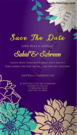 Attractive Purple, Violet Theme Floral Design Wedding Save The Date Whatsapp E-card Invitation