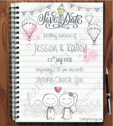 Sketch, cartoon, drawing on notebook, pink heart popup, zoo zoo wedding save the date, parachute, air balloons, flag decorated ecard