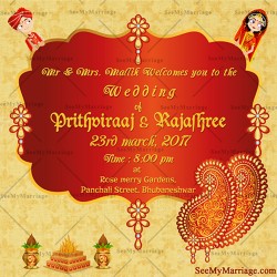 North Indian wedding save the date card, Golden theme, Red Designs, Hindu cartoons