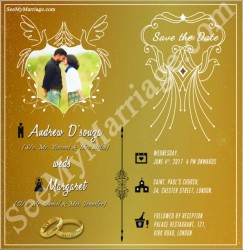 White birds, Golden background, Photo type event based wedding invitation card