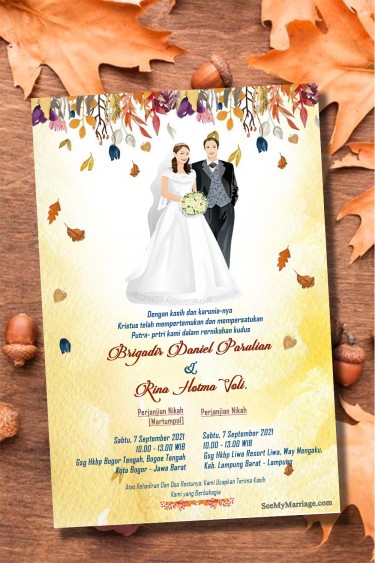 Undangan Pernikahan Indonesian Wedding Invitation Card Decorated With Rustic Fall Leaves And Bride And Groom Illustration In Western-Style Attire, Yellow Watercolor Background