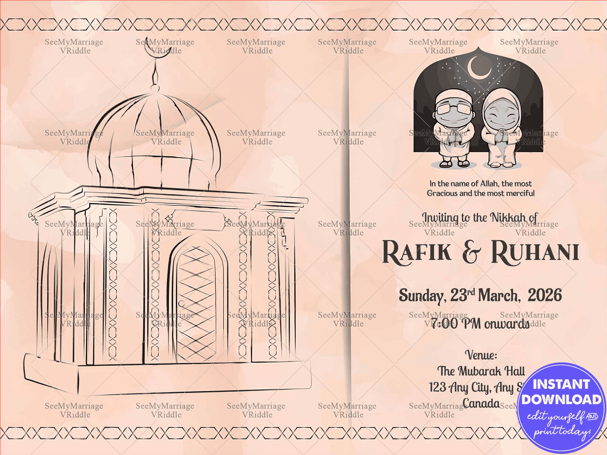 Shaadi Mubarak – Traditional Muslim Couple Sketch Type Wedding, Nikkah, Save The Date Whatsapp Invitation E-card