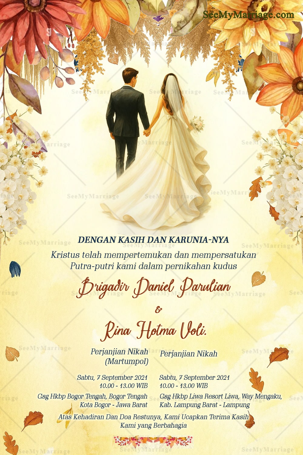 Undangan Pernikahan Indonesian Wedding Invitation Card Decorated With Rustic Fall Leaves And Bride And Groom Illustration In Western-Style Attire, Yellow Watercolor Background
