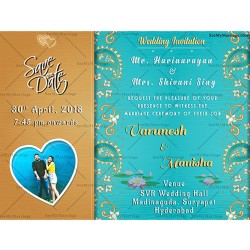 Photo in Heart, Blue and Brown theme Modern golden texts wedding save the date