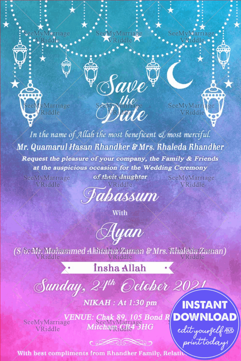 Violet Blue Theme Islamic Wedding Invite Save The Date Card With lanterns