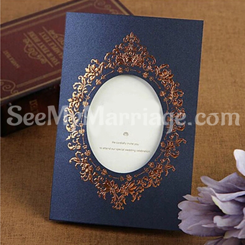 Gold Plated Blue Color Laser Cut Wedding Card - Pack Of 100