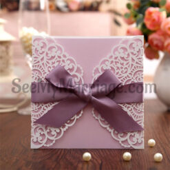 Purple Ribbon Luxurious Laser Cut Wedding Card - Pack Of 100