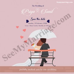 White umbrella, Couple on Bench Christian wedding save the date,Pink hearts