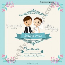 Blue theme, cartoon couple, floral designs, Christian wedding invitation cards