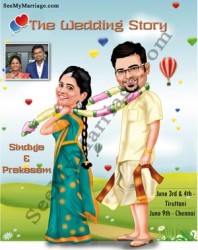 Telugu caricature wedding invite, Lungi style wedding invite