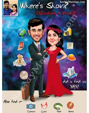 Caricature wedding invite, Cartoon wedding invitation, Latest save the date cards, Red gown, Christian wedding, Wedding elements