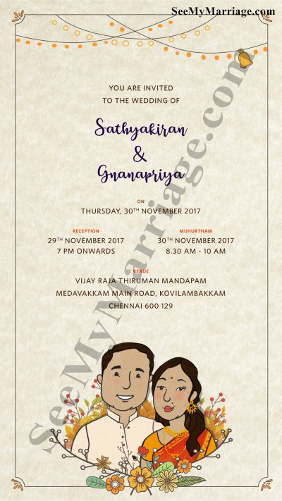 Watercolor floral wedding save the date card, cartoon couple save the date invite