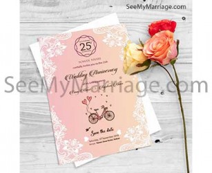 25th anniversary wedding invitation, bicycle, flying hearts pink theme watercolor wedding anniversary card