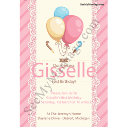 Pink Theme Little Princess 1st Birthday E-card Invitation Designed With Colorful Balloons, Retro Type Watercolor Pink Backgroun