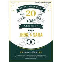 20th Wedding Anniversary Save The Date E-card Decorated With Green Leaves, Hearts, Rings And Ribbons Mixed With Yellow And Whit