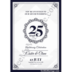 Grey Scale Theme Portrait Photo Frame Type Floral Decorated Silver Jubilee, 25th Wedding Anniversary E-card Invitation