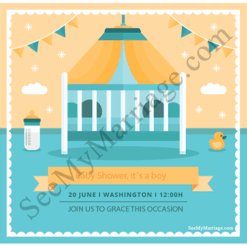 Unique Ocean Blue Theme, White Frame Baby Shower E-card Invitation Decorated With Hanging Cradle, Ribbons, Stars And Clouds
