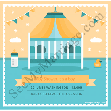 Unique Ocean Blue Theme, White Frame Baby Shower E-card Invitation Decorated With Hanging Cradle, Ribbons, Stars And Clouds