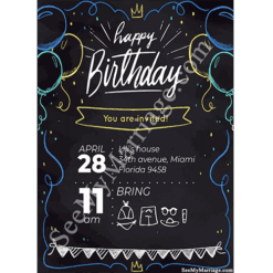 Blackboard Theme Different Drawing Sketch Type Balloons And Ribbons Decorated Awesome Birthday Celebration E-card Invitation