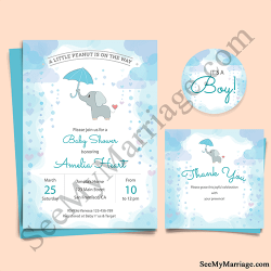 Beautiful Blue Theme With Cute Baby Elephant With Umbrella, Rain Decorated Baby Shower Invite E-card