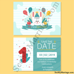 Watercolour Blue Theme Retro Type Colourful Balloons With Gifts And Cake Decorated Cute Rabbit 1st Birthday Save The Date E-car