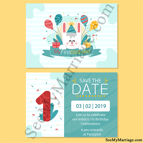 Watercolour Blue Theme Retro Type Colourful Balloons With Gifts And Cake Decorated Cute Rabbit 1st Birthday Save The Date E-car