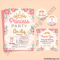 Golden Crown And Red Watercolour Floral Decorated Baby Princess 1st Birthday Invite E-card