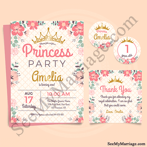 Golden Crown And Red Watercolour Floral Decorated Baby Princess 1st Birthday Invite E-card