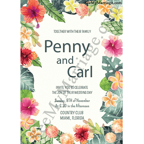 Floral wedding save the date, wedding announcement cards with colourful flowers