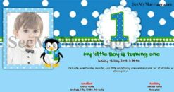 Little Penguin - Icy Blue Theme Birthday Invite Card With Photo Frame