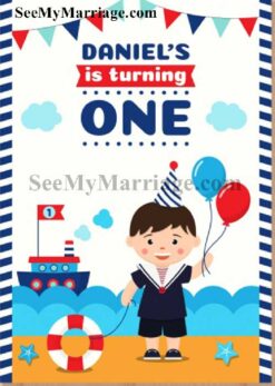 Harbour Pilot - Blue Design Borders With Sea, Ship, Balloons, Birthday Invite Card