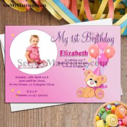 Twinkle Sun Shine - Pink Color Teddy Theme Birthday Invite Card With Balloons And Candies In Wood Background
