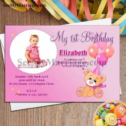 pink theme photo birthday card, baby girl turning one birthday invitation, 1st birthday invite