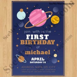 first birthday invitation card, birthday card for whatsapp, galaxy blue theme card, astronut baby boy birthday invitation card